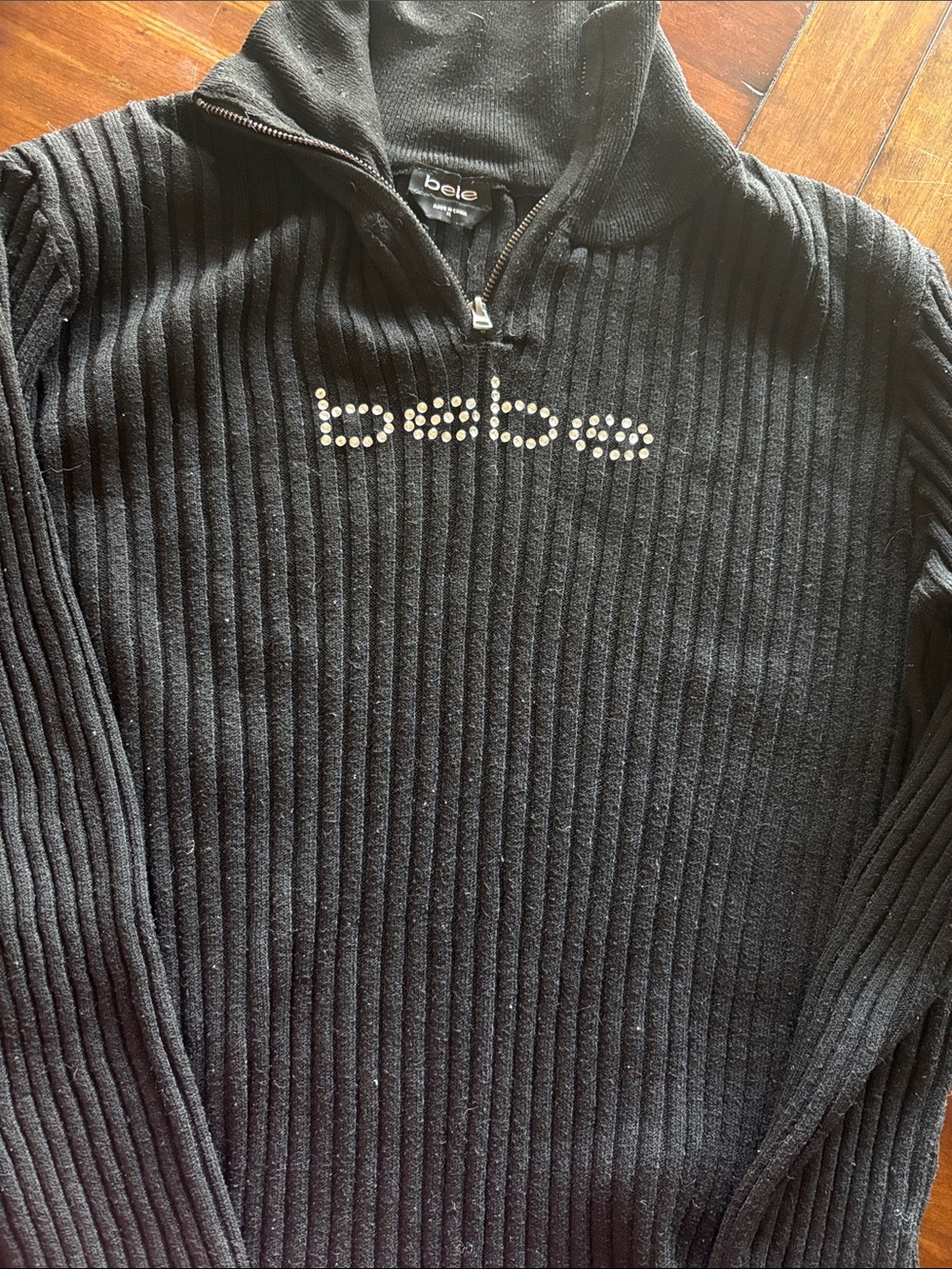 bebe Black Ribbed Quarter-Zip Sweater with Stud Logo